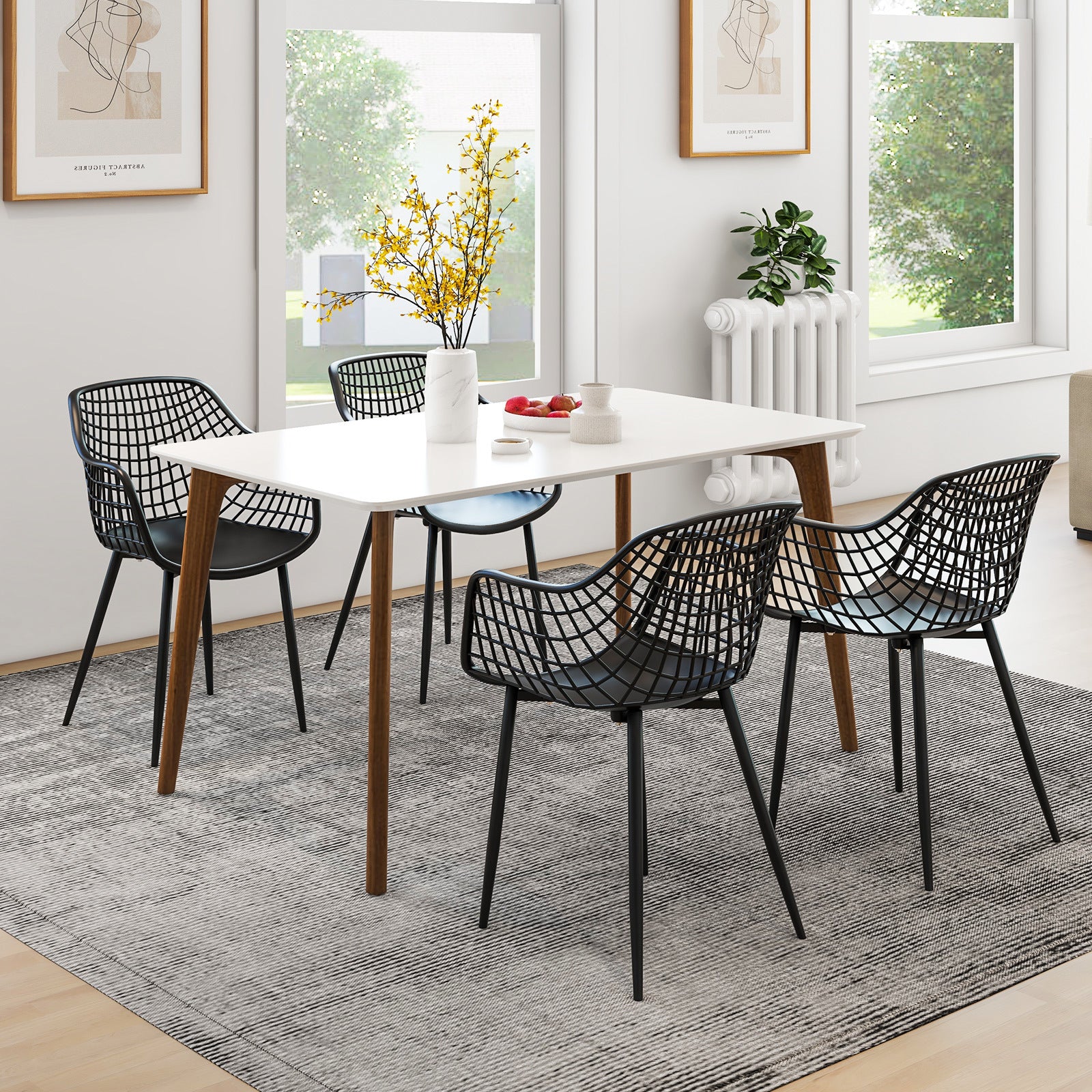 COSTWAY Set of 4 Modern Dining Chairs - Heavy Duty 350lb Capacity, Ergonomic Airy Hollow Backrest & Powder-Coated Metal Legs with Anti-Slip Foot Pads, Sturdy Plastic & Steel Frame, Black\u002FWhite Contemporary Indoor Chairs for Dining Room & Living Room