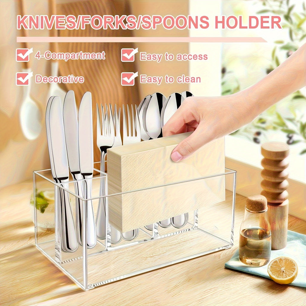 1 Modern Plastic Cutlery Storage Box- Multifunctional Kitchen Cutlery Rack with Tension Mount Space-Saving Design, Lightweight Countertop Storage Rack for Forks, Knives, Spoons and Cutlery, Durable and Hygienic Cutlery Organizer for Home and Office