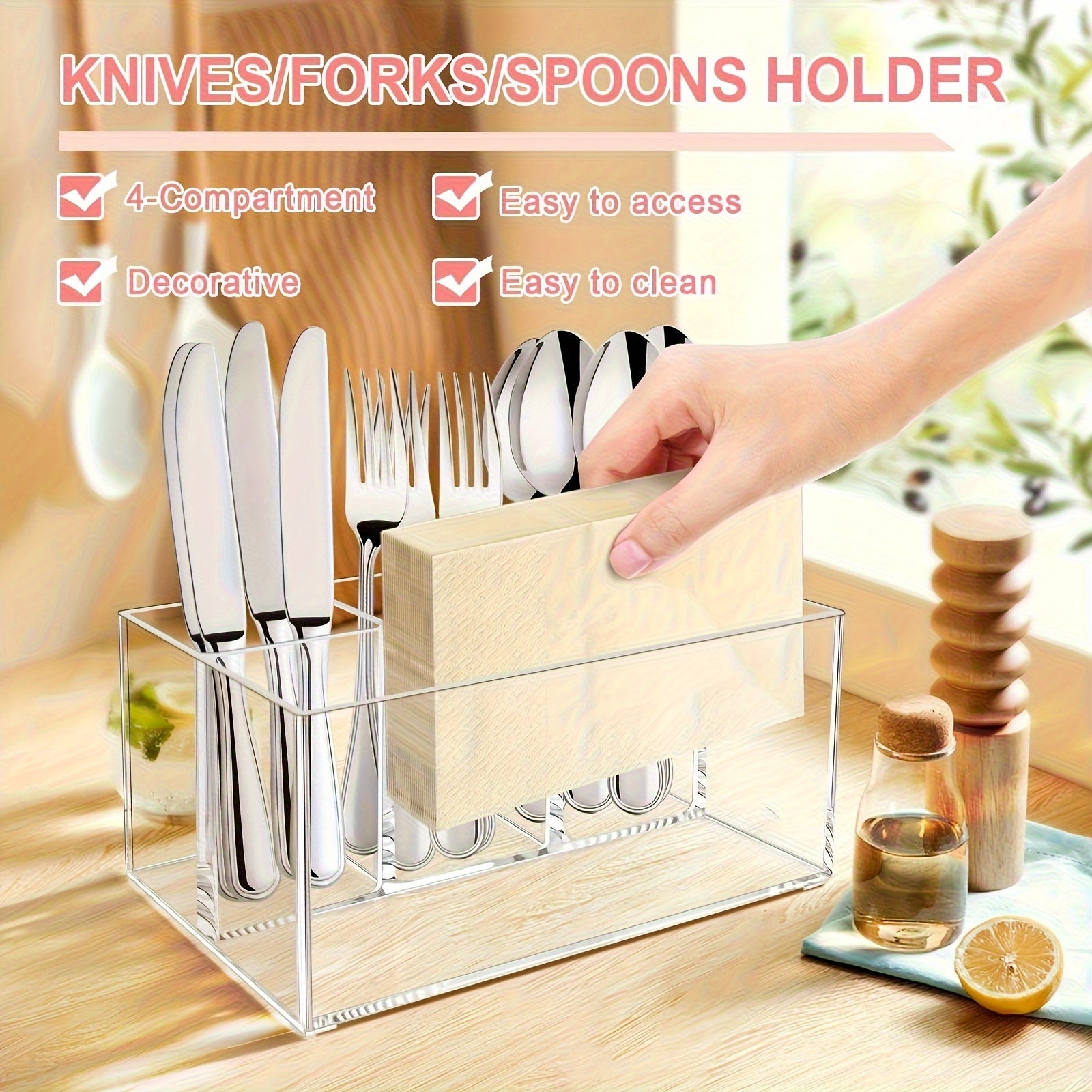 1 Modern Plastic Cutlery Storage Box- Multifunctional Kitchen Cutlery Rack with Tension Mount Space-Saving Design, Lightweight Countertop Storage Rack for Forks, Knives, Spoons and Cutlery, Durable and Hygienic Cutlery Organizer for Home and Office