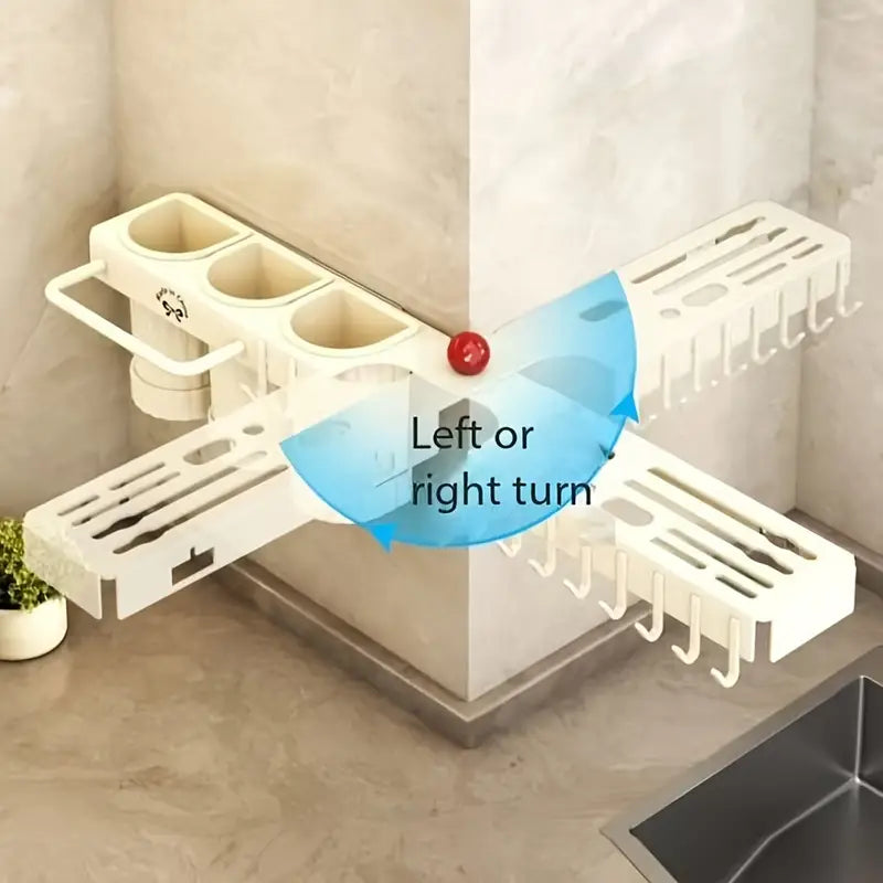 1pc Upgraded Foldable Corner Kitchen Utensil Holder, Carbon Steel Wall-Mounted No-Drill Cutlery and Spoon Organizer with Drain Storage Cups and Towel Bar, Space-Saving Design for Knives, Spoons, Forks, and Towels, Cooking Utensils