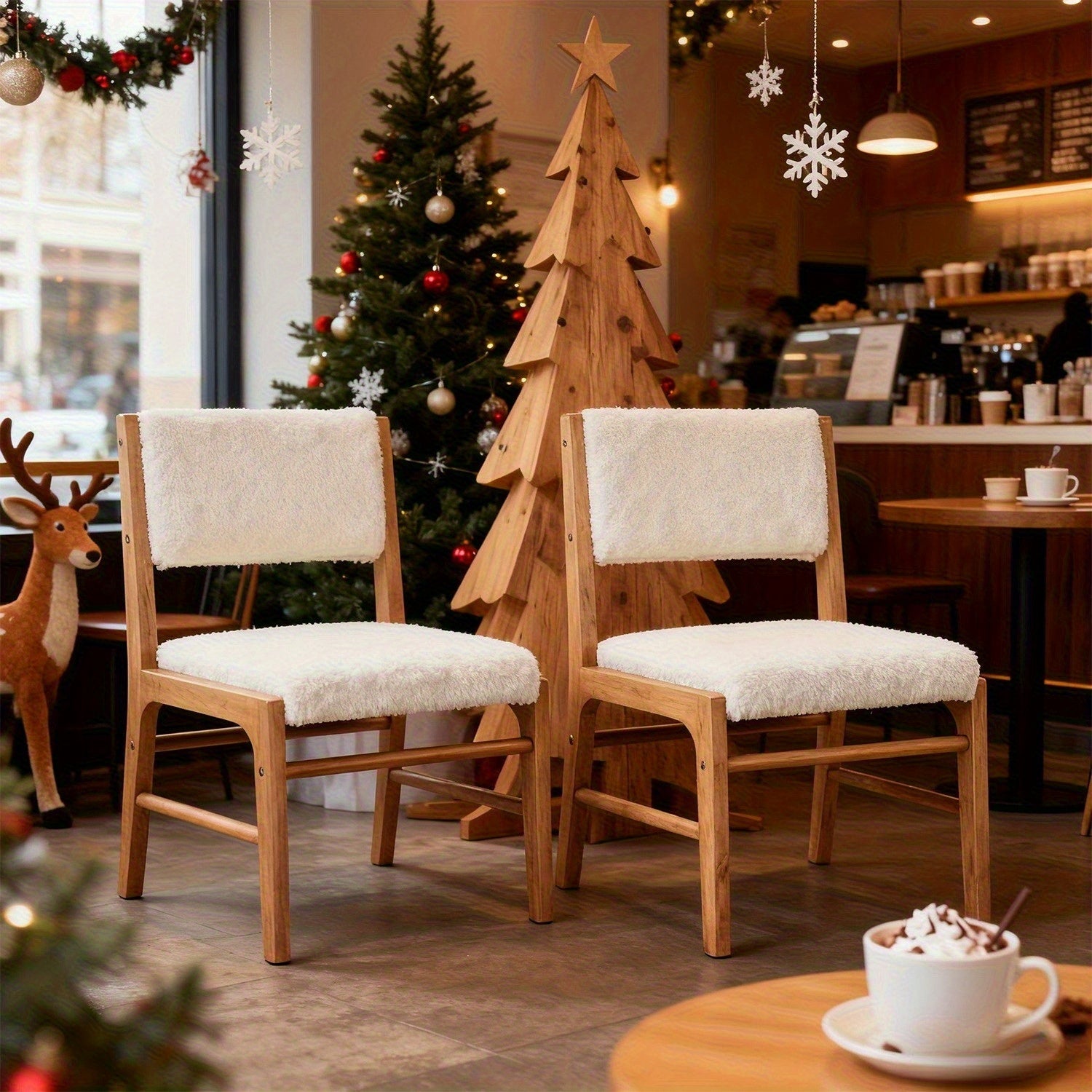 2pcs Medieval Modern Cushioned Dining Chairs with Rectangular Backrests and Lamb Wool Wooden Leg Dining Chairs, Suitable for Restaurants\u002FKitchens, Modern Style