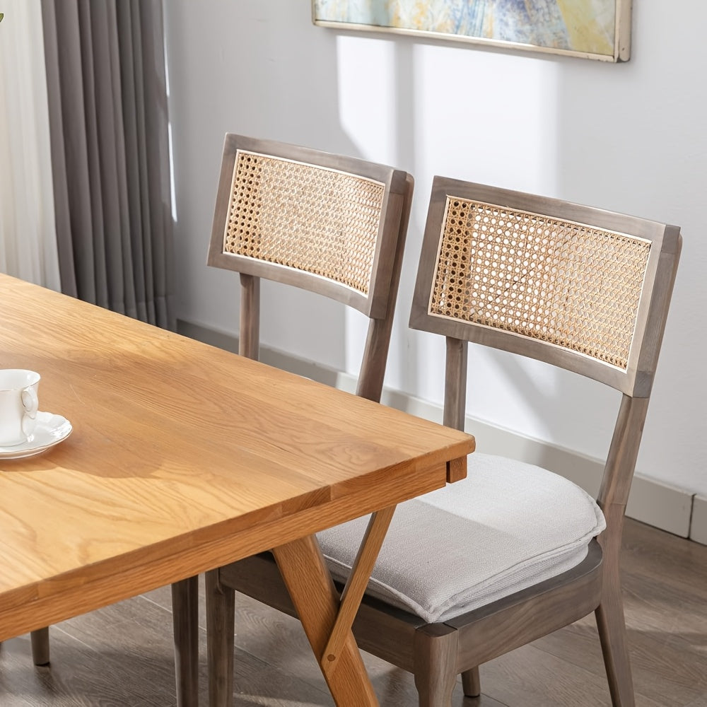 2pcs Farmhouse Dining Chair Set, Rattan Backrest, Linen Seat, Armless, Kitchen Dining Chair With Detachable Soft Cushion, Weighing 280 Pounds