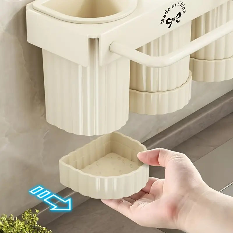 1pc Upgraded Foldable Corner Kitchen Utensil Holder, Carbon Steel Wall-Mounted No-Drill Cutlery and Spoon Organizer with Drain Storage Cups and Towel Bar, Space-Saving Design for Knives, Spoons, Forks, and Towels, Cooking Utensils