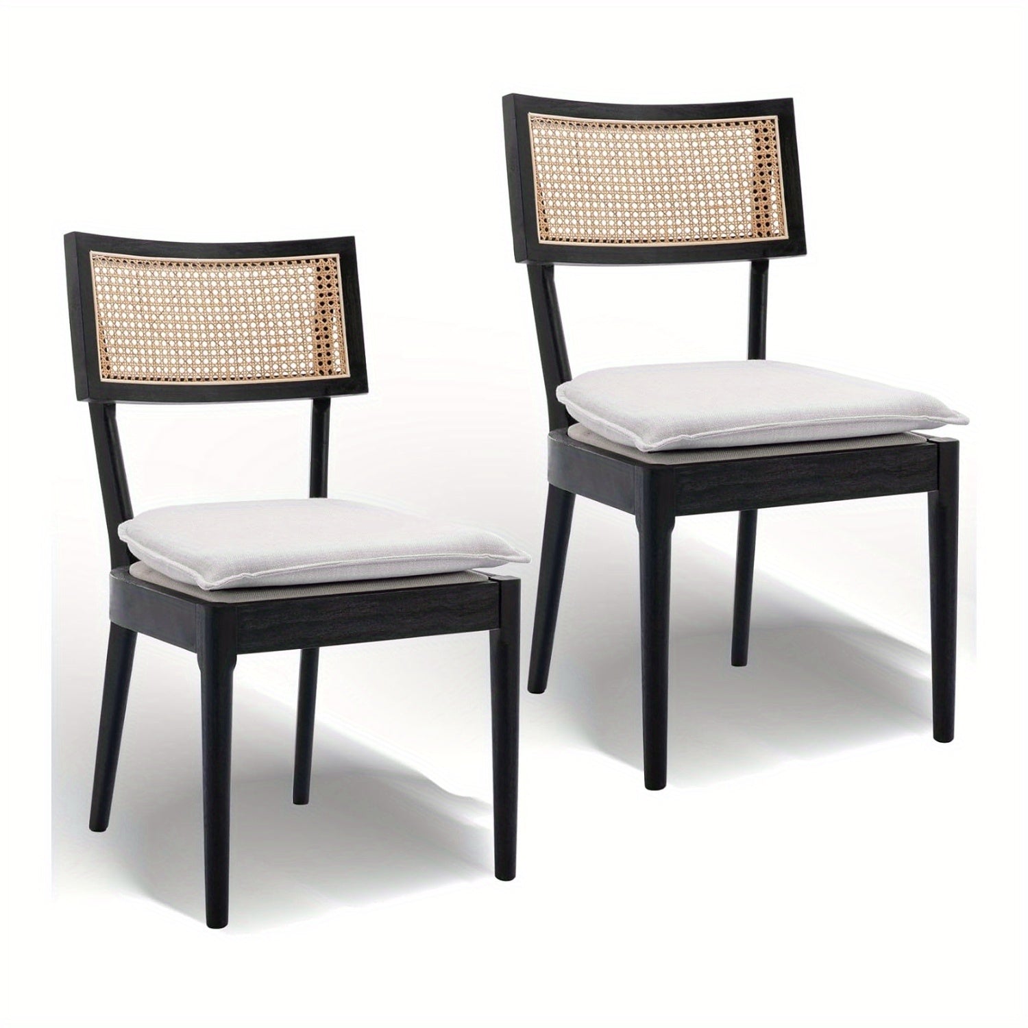 2pcs Farmhouse Dining Chair Set, Rattan Backrest, Linen Seat, Armless, Kitchen Dining Chair With Detachable Soft Cushion, Weighing 280 Pounds