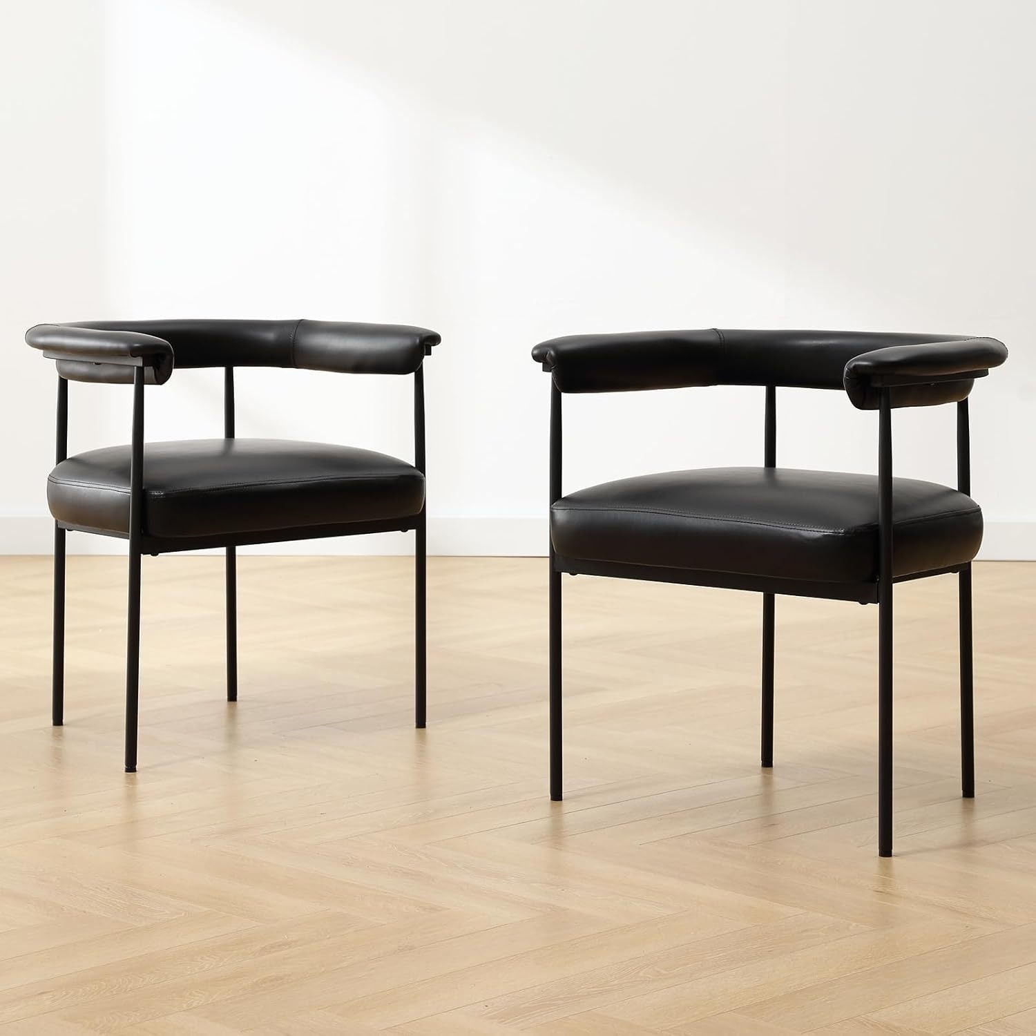 Set of 2 Modern Barrel Dining Chairs Faux Leather Upholstered Accent Side Chairs Vanity Chairs with Metal Finish for Kitchen Dining Room Living Room