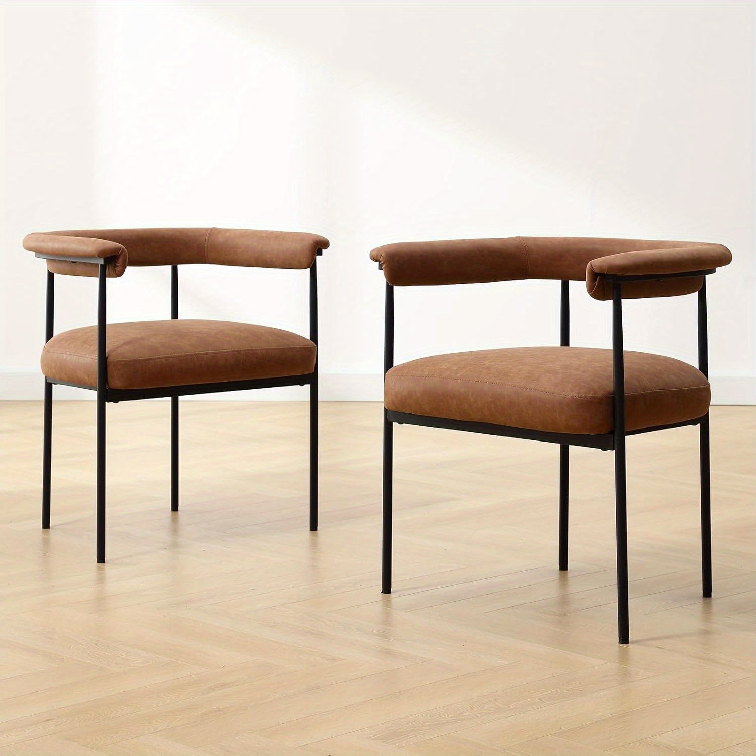 Set of 2 Modern Barrel Dining Chairs Faux Leather Upholstered Accent Side Chairs Vanity Chairs with Metal Finish for Kitchen Dining Room Living Room