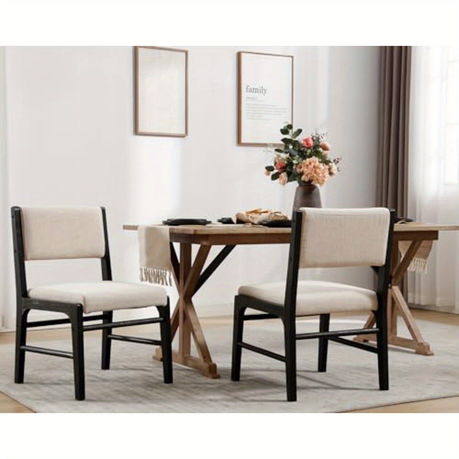 2pcs Medieval Modern Cushioned Dining Chairs with Rectangular Backrests and Lamb Wool Wooden Leg Dining Chairs, Suitable for Restaurants\u002FKitchens, Modern Style