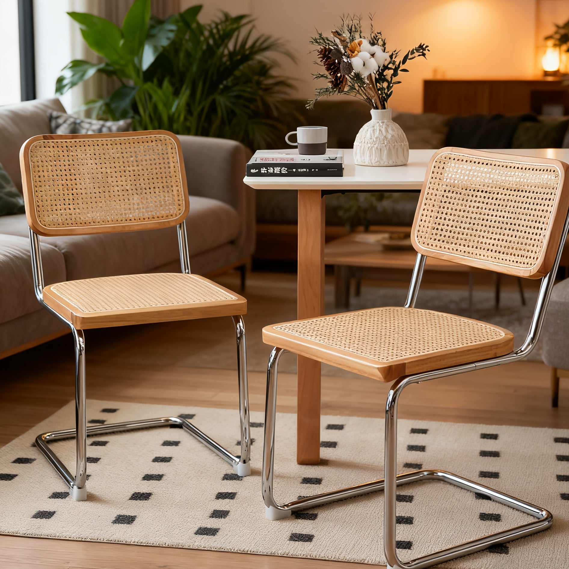 Set of Two Dining Chairs Featuring Velvet And Rattan, Designed with Chrome Legs. These Modern Mid-Century Breuer-Style Chairs Are Upholstered And Suitable for Dining, Living Rooms, Or Kitchens