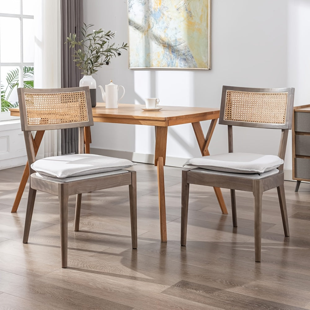 2pcs Farmhouse Dining Chair Set, Rattan Backrest, Linen Seat, Armless, Kitchen Dining Chair With Detachable Soft Cushion, Weighing 280 Pounds