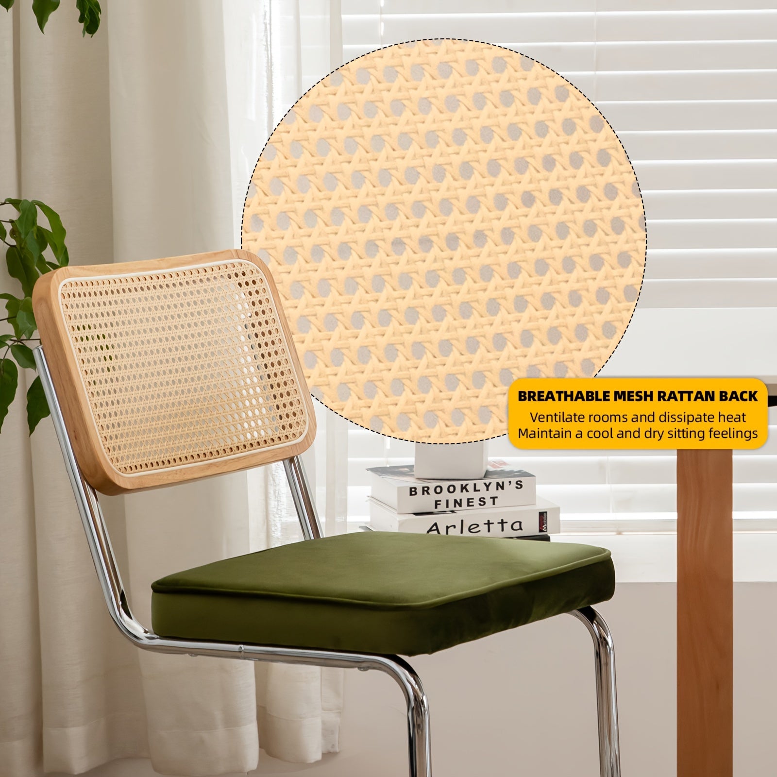 Set of Two Dining Chairs Featuring Velvet And Rattan, Designed with Chrome Legs. These Modern Mid-Century Breuer-Style Chairs Are Upholstered And Suitable for Dining, Living Rooms, Or Kitchens