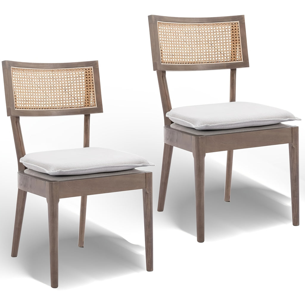 2pcs Farmhouse Dining Chair Set, Rattan Backrest, Linen Seat, Armless, Kitchen Dining Chair With Detachable Soft Cushion, Weighing 280 Pounds
