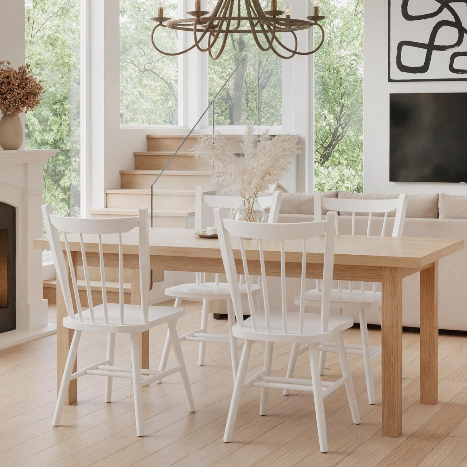 Set of 2\u002F 4 White Windsor Dining Chairs, Farmhouse Wooden Kitchen Chairs with Spindle Back, Mid Century Modern Armless Kitchen Side Chair for Dining Living Room Restaurant, Suitable for Family Gatherings\u002F holiday Gatherings