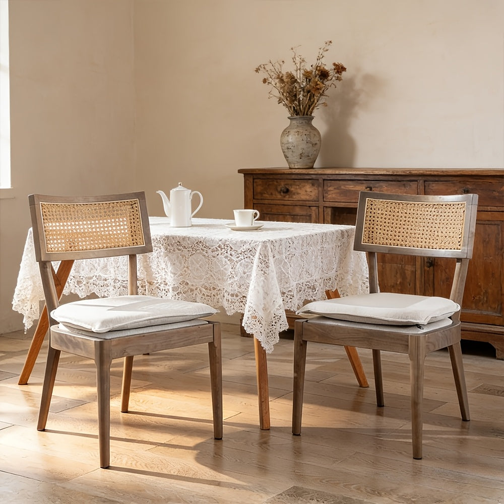 2pcs Farmhouse Dining Chair Set, Rattan Backrest, Linen Seat, Armless, Kitchen Dining Chair With Detachable Soft Cushion, Weighing 280 Pounds
