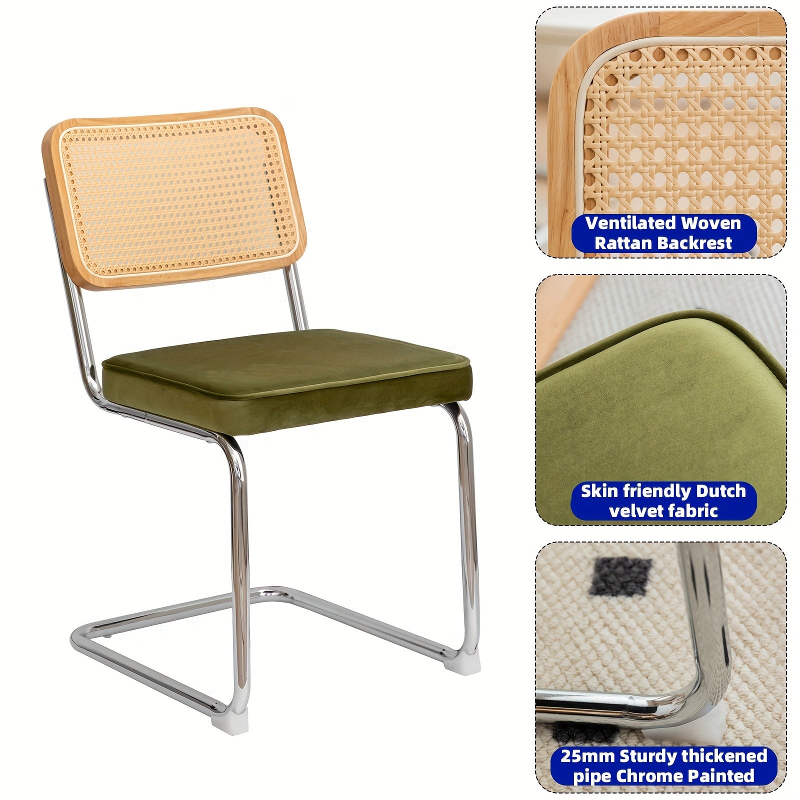 Set of Two Dining Chairs Featuring Velvet And Rattan, Designed with Chrome Legs. These Modern Mid-Century Breuer-Style Chairs Are Upholstered And Suitable for Dining, Living Rooms, Or Kitchens