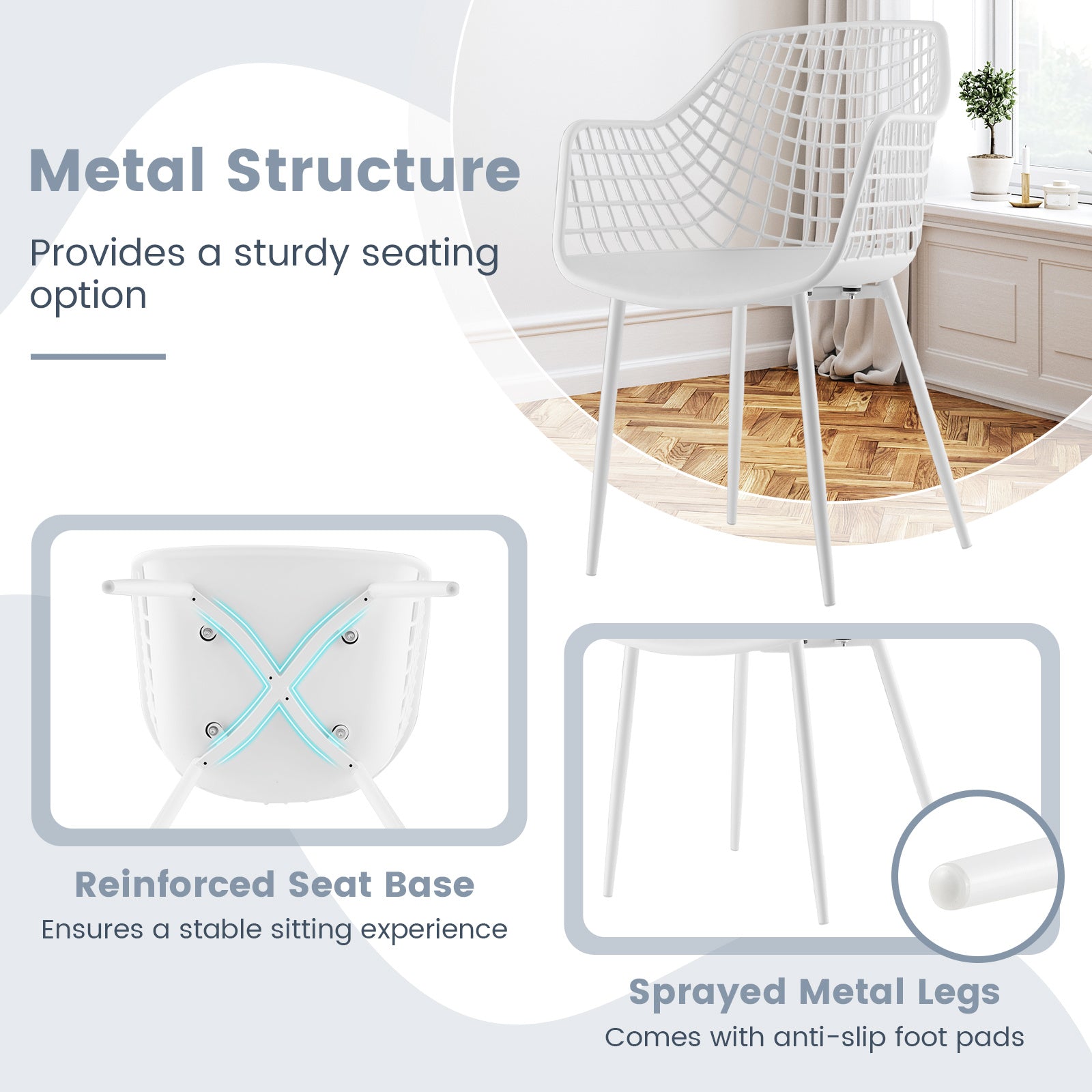 COSTWAY Set of 4 Modern Dining Chairs - Heavy Duty 350lb Capacity, Ergonomic Airy Hollow Backrest & Powder-Coated Metal Legs with Anti-Slip Foot Pads, Sturdy Plastic & Steel Frame, Black\u002FWhite Contemporary Indoor Chairs for Dining Room & Living Room