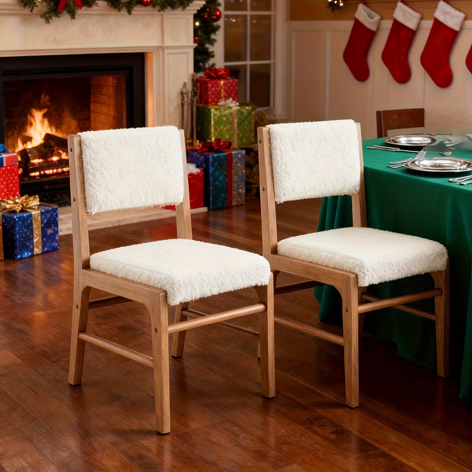 2pcs Medieval Modern Cushioned Dining Chairs with Rectangular Backrests and Lamb Wool Wooden Leg Dining Chairs, Suitable for Restaurants\u002FKitchens, Modern Style