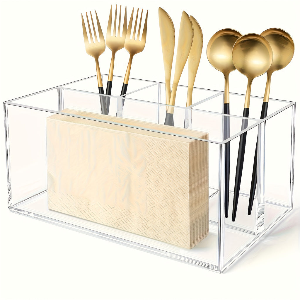 1 Modern Plastic Cutlery Storage Box- Multifunctional Kitchen Cutlery Rack with Tension Mount Space-Saving Design, Lightweight Countertop Storage Rack for Forks, Knives, Spoons and Cutlery, Durable and Hygienic Cutlery Organizer for Home and Office