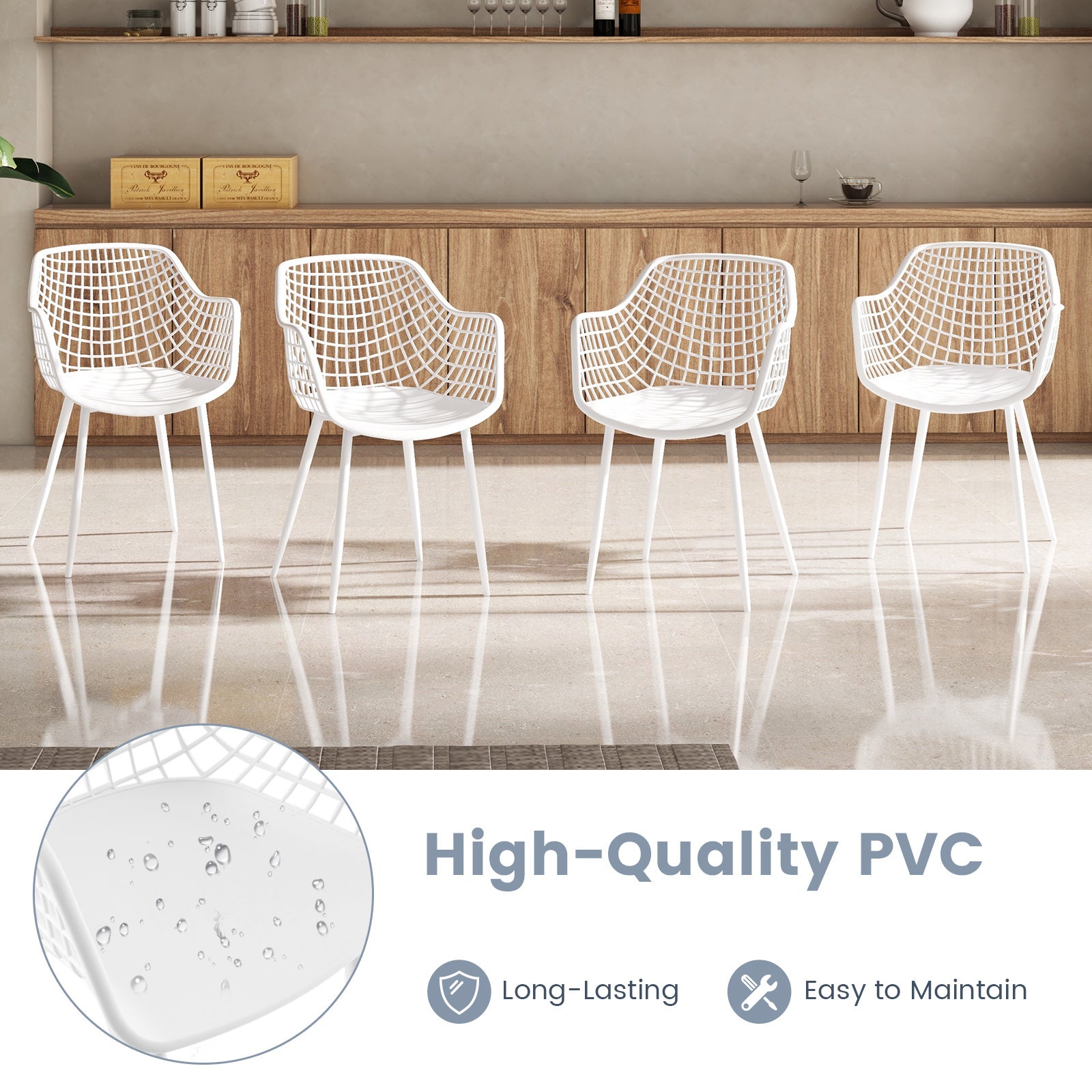 COSTWAY Set of 4 Modern Dining Chairs - Heavy Duty 350lb Capacity, Ergonomic Airy Hollow Backrest & Powder-Coated Metal Legs with Anti-Slip Foot Pads, Sturdy Plastic & Steel Frame, Black\u002FWhite Contemporary Indoor Chairs for Dining Room & Living Room