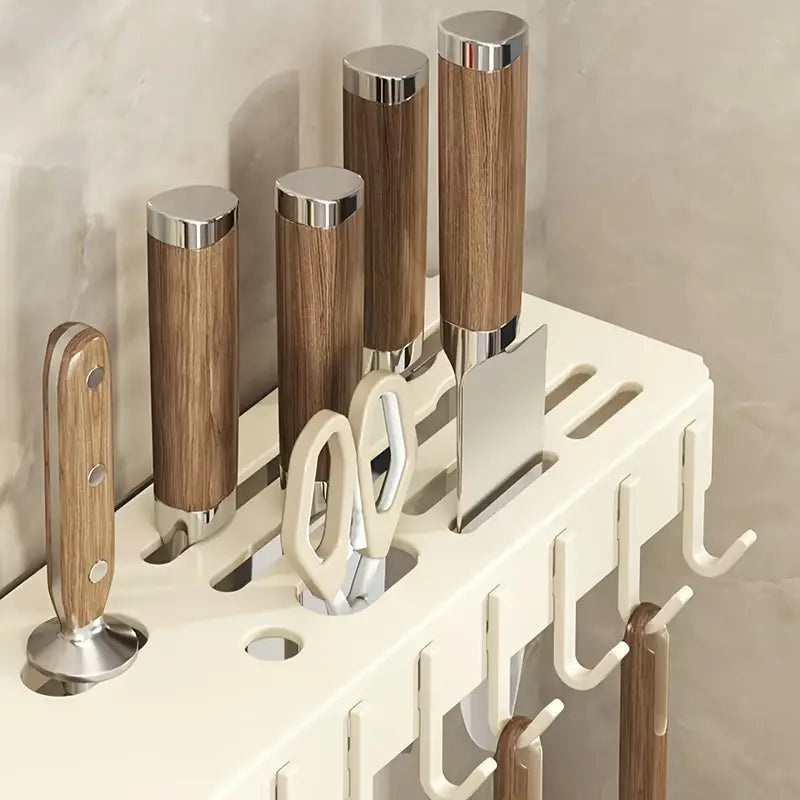 1pc Upgraded Foldable Corner Kitchen Utensil Holder, Carbon Steel Wall-Mounted No-Drill Cutlery and Spoon Organizer with Drain Storage Cups and Towel Bar, Space-Saving Design for Knives, Spoons, Forks, and Towels, Cooking Utensils