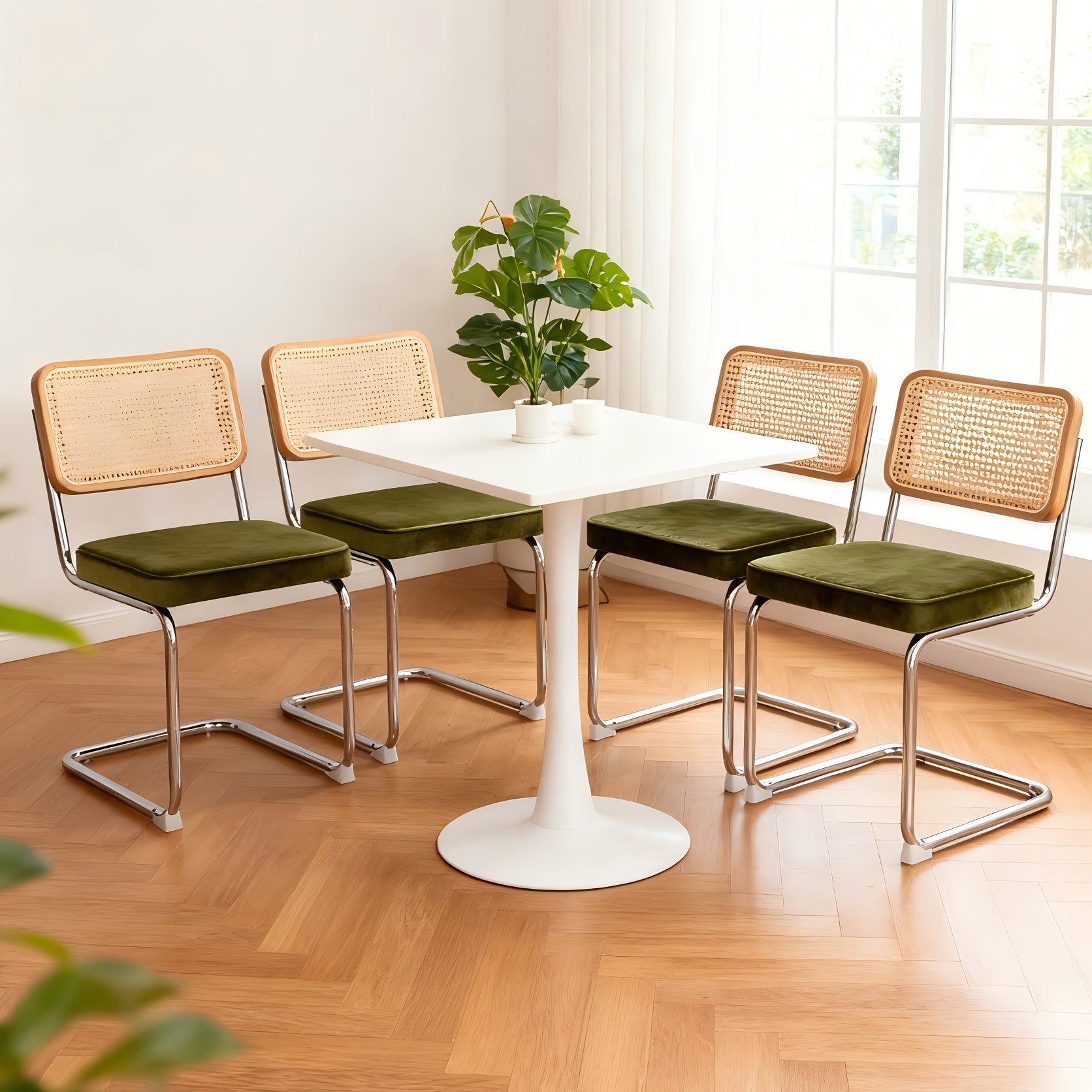 Dining Chairs Set Of 4, Faux Leather Rattan Side Accent Chairs with Chrome Legs, Modern Mid Century Breuer Designed Chairs, Upholstered Dining Living Room Kitchen Chairs