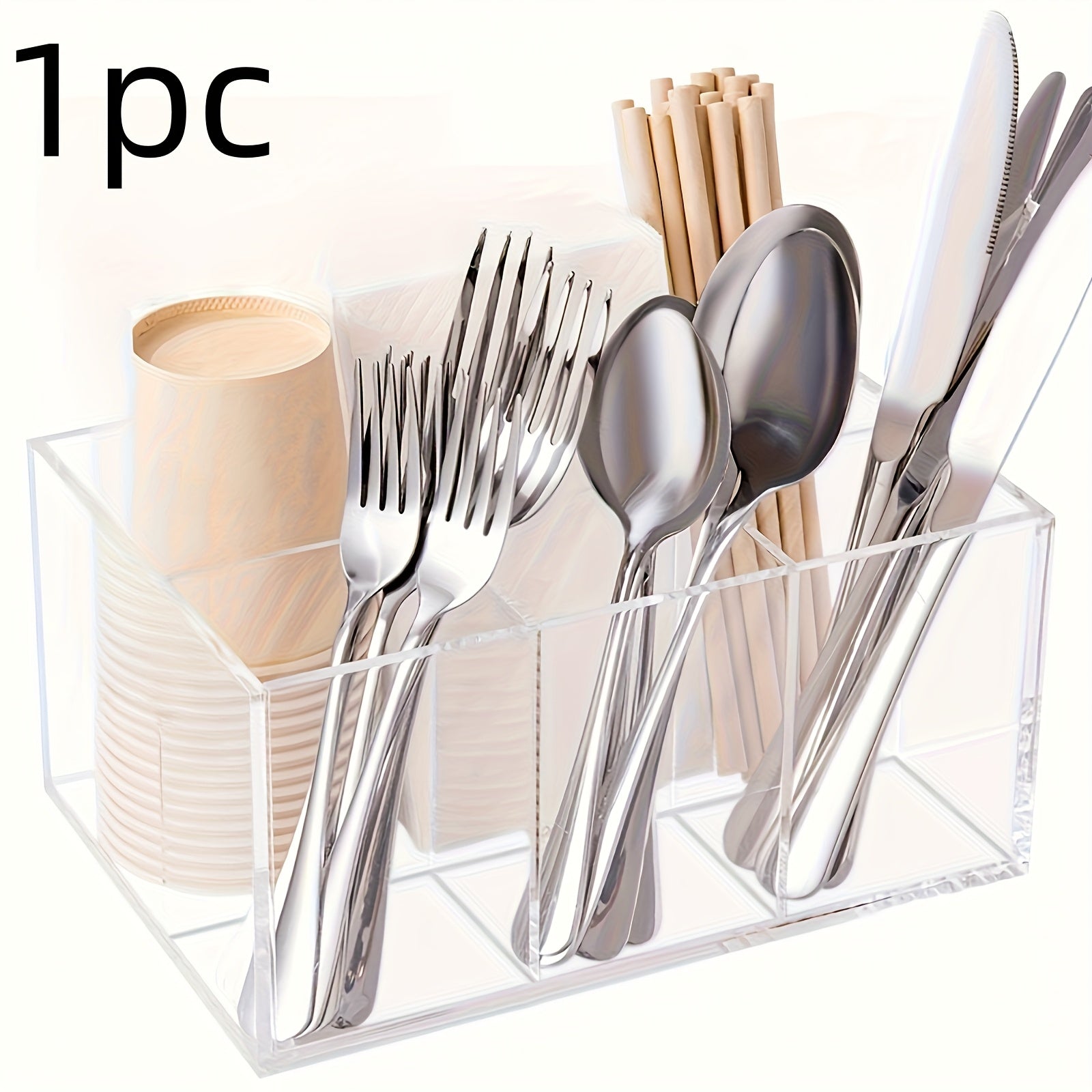 1 Modern Plastic Cutlery Storage Box- Multifunctional Kitchen Cutlery Rack with Tension Mount Space-Saving Design, Lightweight Countertop Storage Rack for Forks, Knives, Spoons and Cutlery, Durable and Hygienic Cutlery Organizer for Home and Office