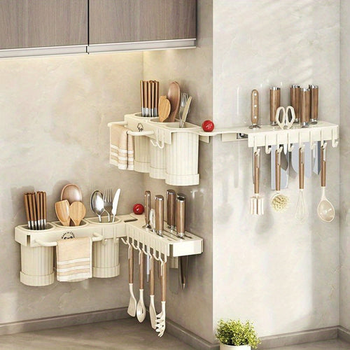 1pc Upgraded Foldable Corner Kitchen Utensil Holder, Carbon Steel Wall-Mounted No-Drill Cutlery and Spoon Organizer with Drain Storage Cups and Towel Bar, Space-Saving Design for Knives, Spoons, Forks, and Towels, Cooking Utensils