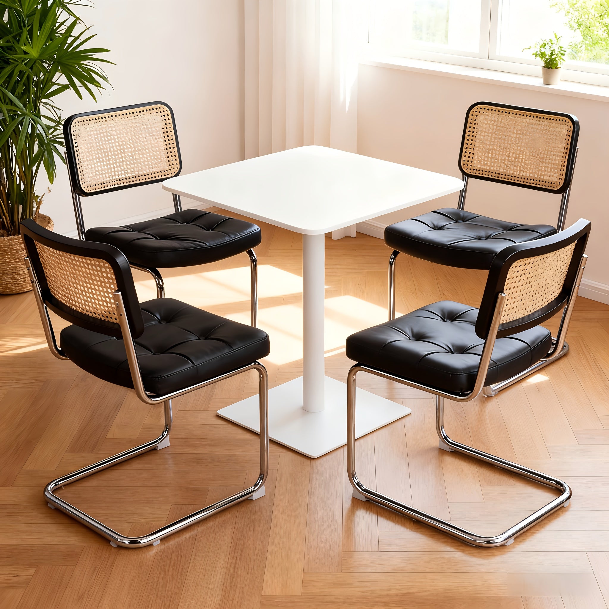 Dining Chairs Set Of 4, Faux Leather Rattan Side Accent Chairs with Chrome Legs, Modern Mid Century Breuer Designed Chairs, Upholstered Dining Living Room Kitchen Chairs