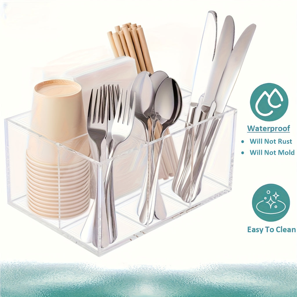 1 Modern Plastic Cutlery Storage Box- Multifunctional Kitchen Cutlery Rack with Tension Mount Space-Saving Design, Lightweight Countertop Storage Rack for Forks, Knives, Spoons and Cutlery, Durable and Hygienic Cutlery Organizer for Home and Office