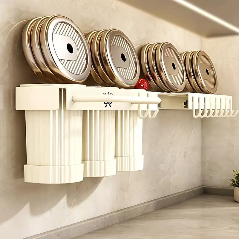 1pc Upgraded Foldable Corner Kitchen Utensil Holder, Carbon Steel Wall-Mounted No-Drill Cutlery and Spoon Organizer with Drain Storage Cups and Towel Bar, Space-Saving Design for Knives, Spoons, Forks, and Towels, Cooking Utensils