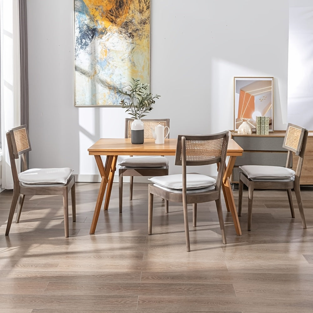 2pcs Farmhouse Dining Chair Set, Rattan Backrest, Linen Seat, Armless, Kitchen Dining Chair With Detachable Soft Cushion, Weighing 280 Pounds