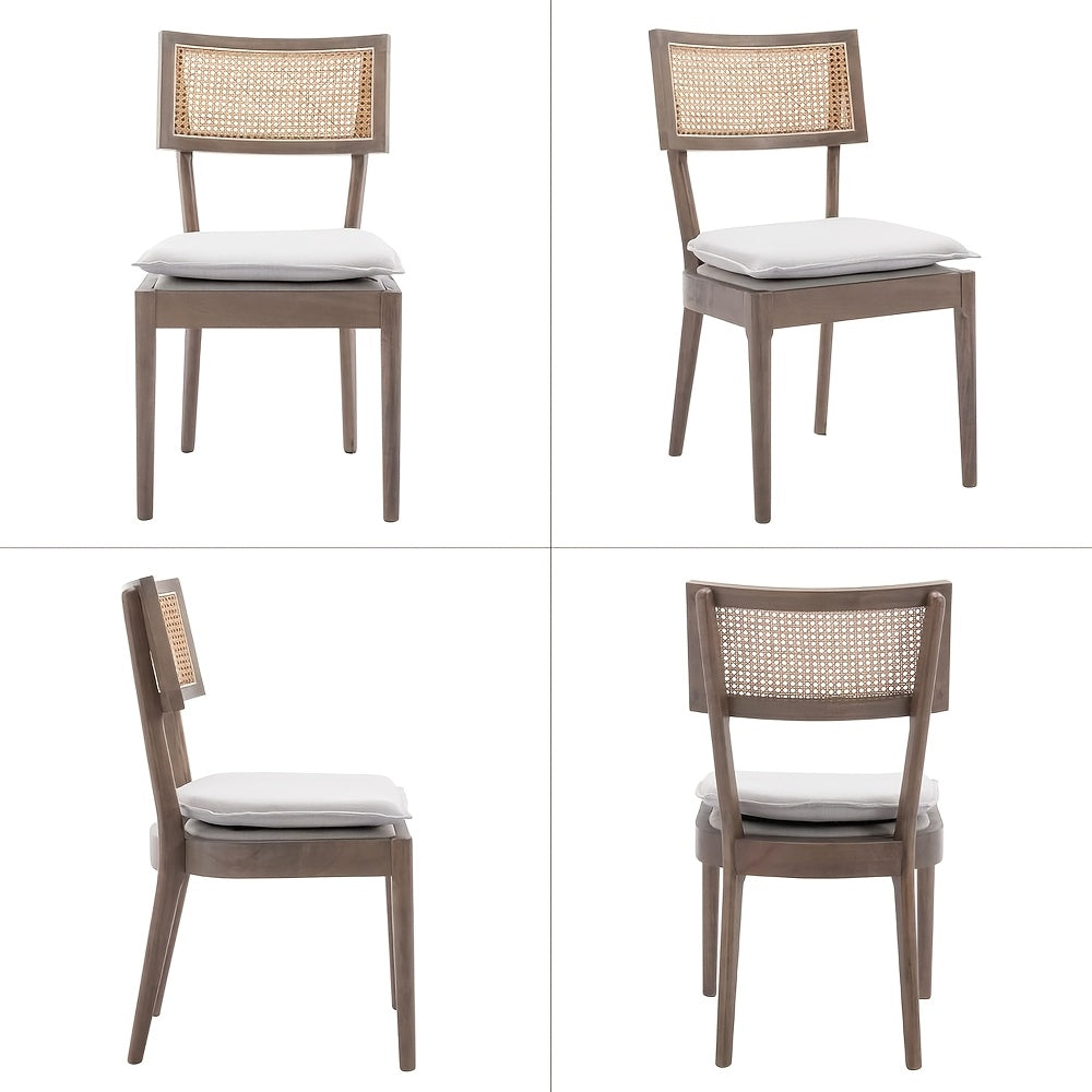 2pcs Farmhouse Dining Chair Set, Rattan Backrest, Linen Seat, Armless, Kitchen Dining Chair With Detachable Soft Cushion, Weighing 280 Pounds