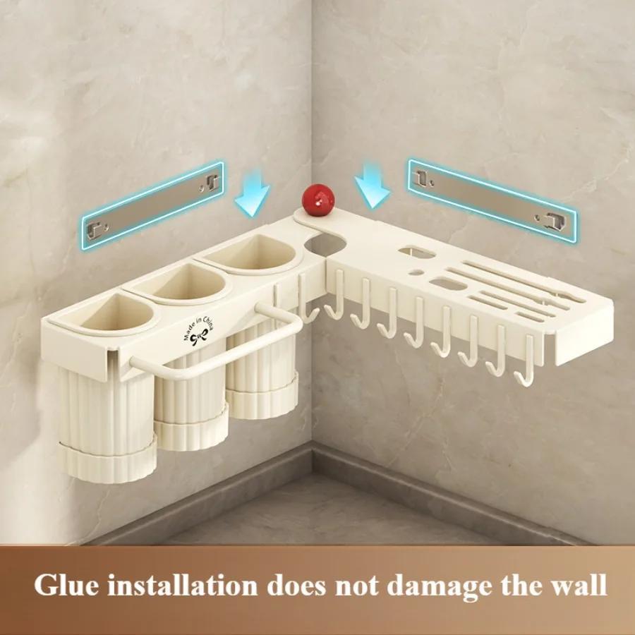 1pc Upgraded Foldable Corner Kitchen Utensil Holder, Carbon Steel Wall-Mounted No-Drill Cutlery and Spoon Organizer with Drain Storage Cups and Towel Bar, Space-Saving Design for Knives, Spoons, Forks, and Towels, Cooking Utensils