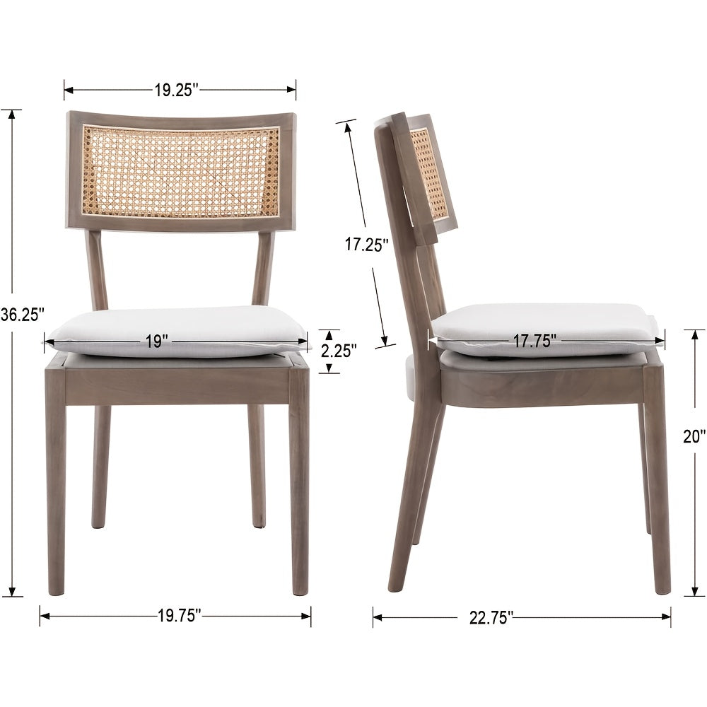 2pcs Farmhouse Dining Chair Set, Rattan Backrest, Linen Seat, Armless, Kitchen Dining Chair With Detachable Soft Cushion, Weighing 280 Pounds