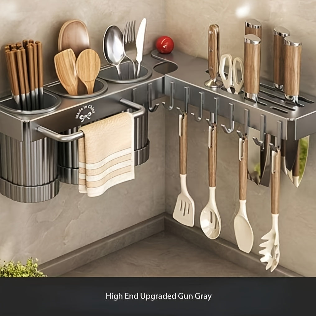 1pc Upgraded Foldable Corner Kitchen Utensil Holder, Carbon Steel Wall-Mounted No-Drill Cutlery and Spoon Organizer with Drain Storage Cups and Towel Bar, Space-Saving Design for Knives, Spoons, Forks, and Towels, Cooking Utensils
