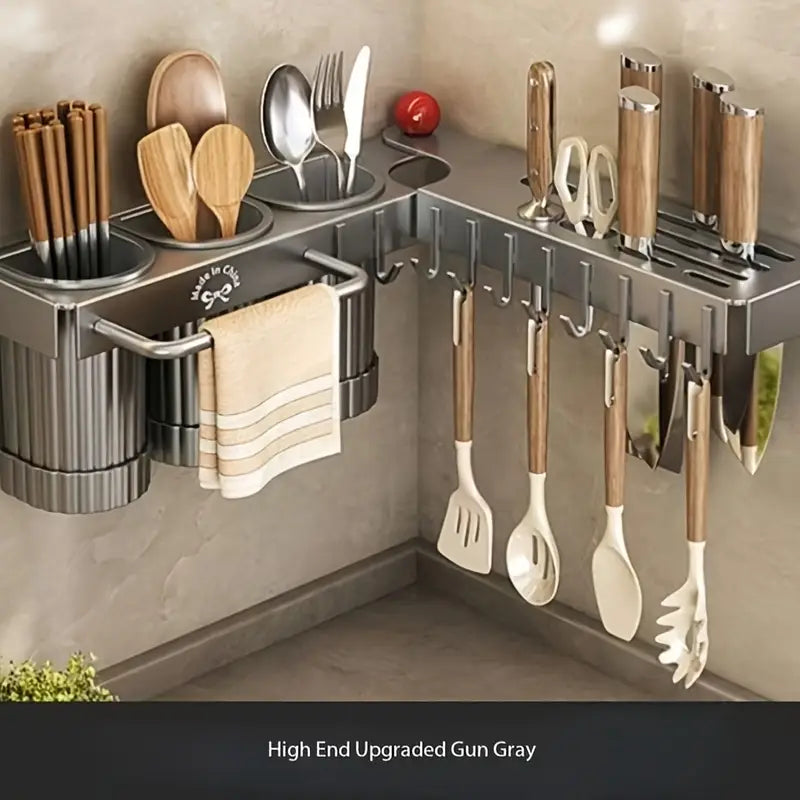 1pc Upgraded Foldable Corner Kitchen Utensil Holder, Carbon Steel Wall-Mounted No-Drill Cutlery and Spoon Organizer with Drain Storage Cups and Towel Bar, Space-Saving Design for Knives, Spoons, Forks, and Towels, Cooking Utensils