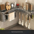 1pc Upgraded Foldable Corner Kitchen Utensil Holder, Carbon Steel Wall-Mounted No-Drill Cutlery and Spoon Organizer with Drain Storage Cups and Towel Bar, Space-Saving Design for Knives, Spoons, Forks, and Towels, Cooking Utensils