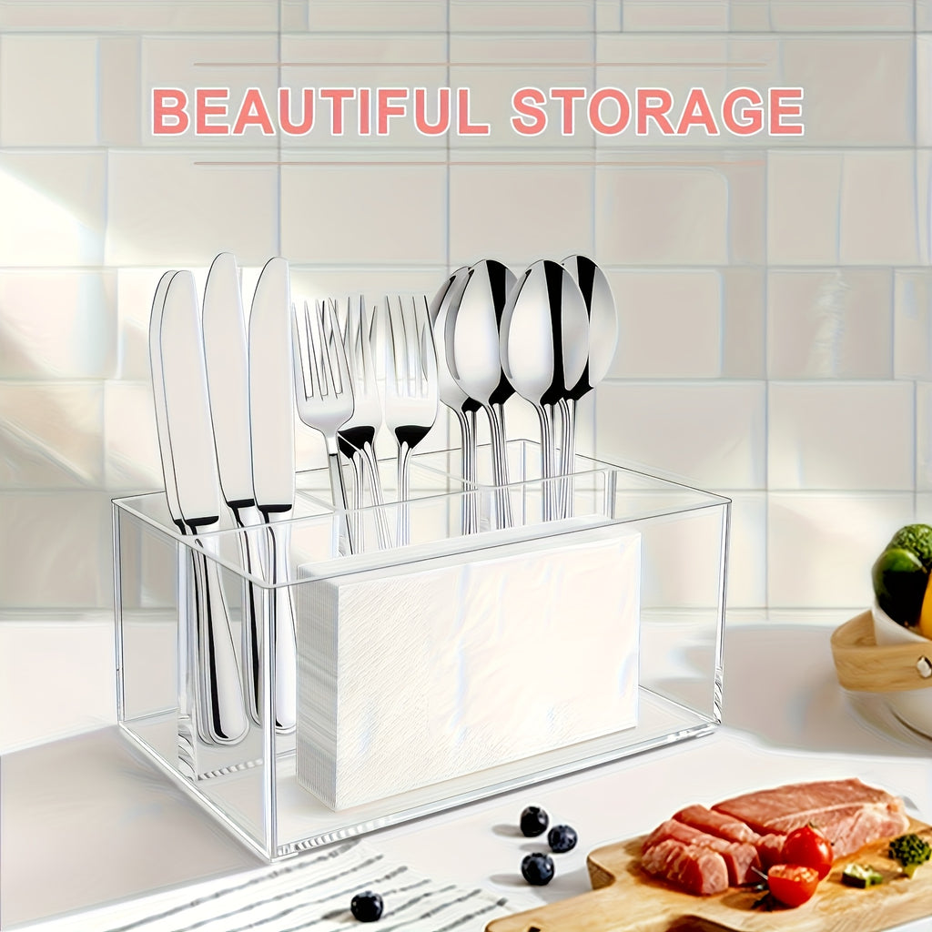 1 Modern Plastic Cutlery Storage Box- Multifunctional Kitchen Cutlery Rack with Tension Mount Space-Saving Design, Lightweight Countertop Storage Rack for Forks, Knives, Spoons and Cutlery, Durable and Hygienic Cutlery Organizer for Home and Office