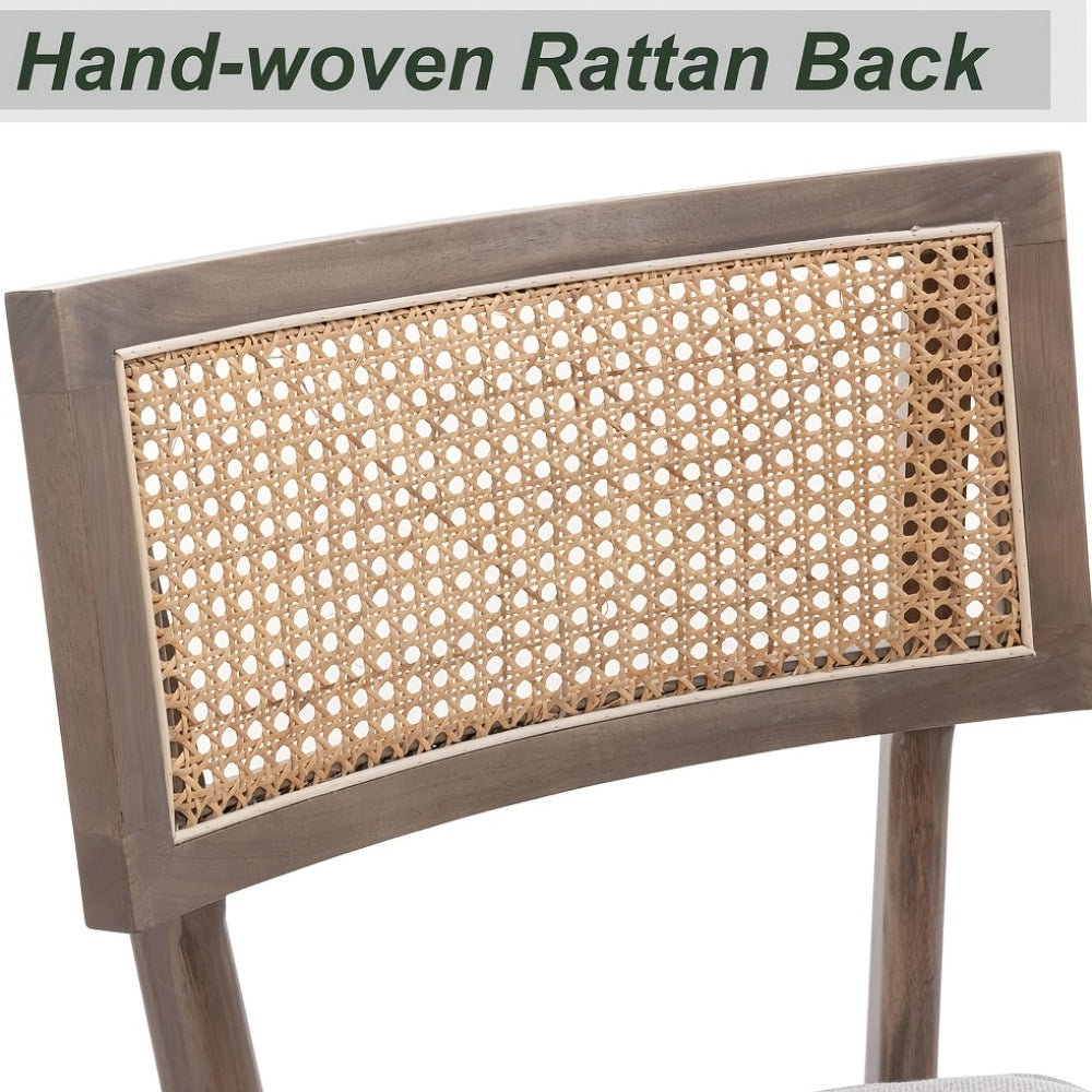 2pcs Farmhouse Dining Chair Set, Rattan Backrest, Linen Seat, Armless, Kitchen Dining Chair With Detachable Soft Cushion, Weighing 280 Pounds