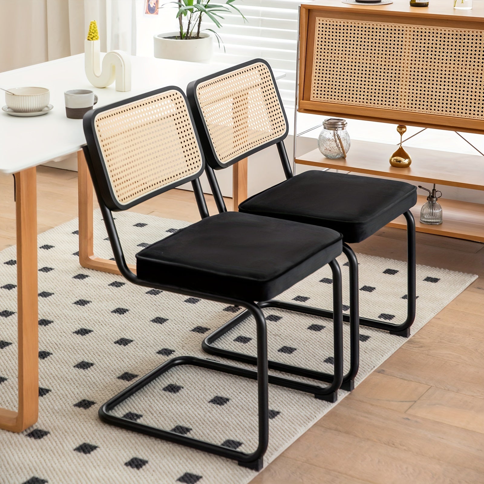 Set of Two Dining Chairs Featuring Velvet And Rattan, Designed with Chrome Legs. These Modern Mid-Century Breuer-Style Chairs Are Upholstered And Suitable for Dining, Living Rooms, Or Kitchens