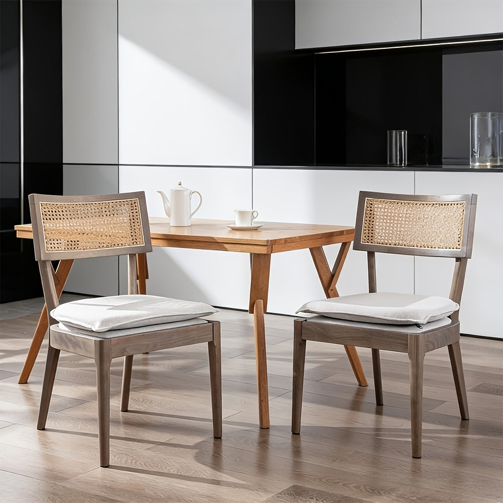 2pcs Farmhouse Dining Chair Set, Rattan Backrest, Linen Seat, Armless, Kitchen Dining Chair With Detachable Soft Cushion, Weighing 280 Pounds