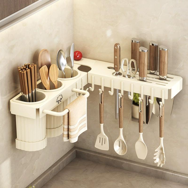 1pc Upgraded Foldable Corner Kitchen Utensil Holder, Carbon Steel Wall-Mounted No-Drill Cutlery and Spoon Organizer with Drain Storage Cups and Towel Bar, Space-Saving Design for Knives, Spoons, Forks, and Towels, Cooking Utensils