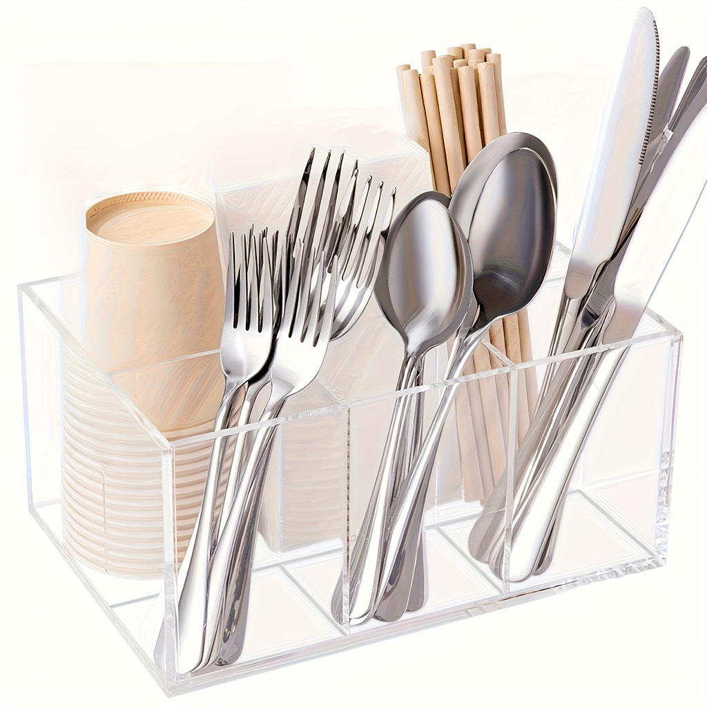 1 Modern Plastic Cutlery Storage Box- Multifunctional Kitchen Cutlery Rack with Tension Mount Space-Saving Design, Lightweight Countertop Storage Rack for Forks, Knives, Spoons and Cutlery, Durable and Hygienic Cutlery Organizer for Home and Office