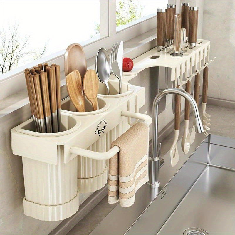 1pc Upgraded Foldable Corner Kitchen Utensil Holder, Carbon Steel Wall-Mounted No-Drill Cutlery and Spoon Organizer with Drain Storage Cups and Towel Bar, Space-Saving Design for Knives, Spoons, Forks, and Towels, Cooking Utensils