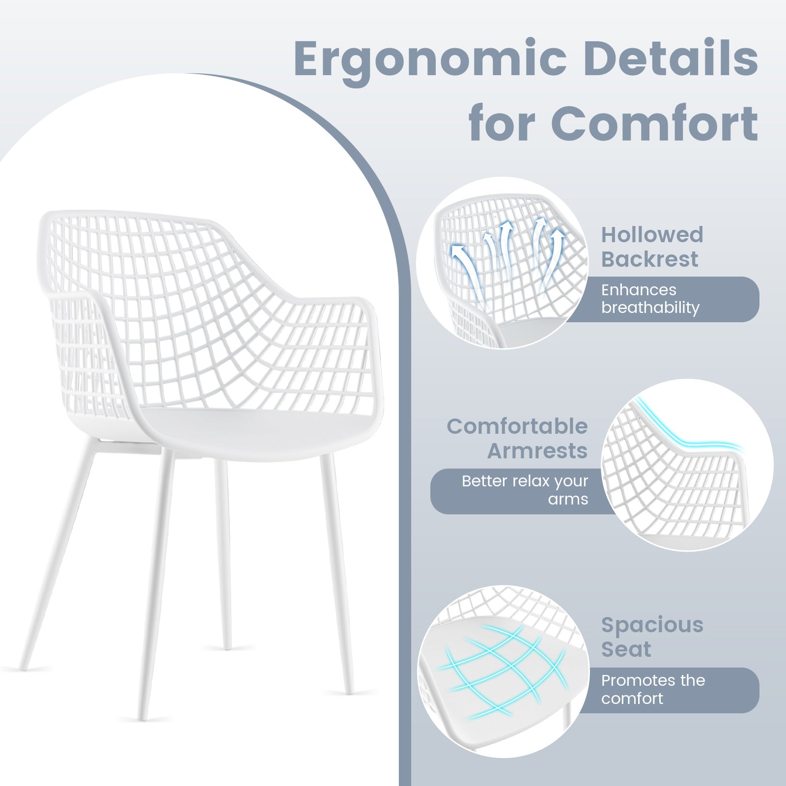 COSTWAY Set of 4 Modern Dining Chairs - Heavy Duty 350lb Capacity, Ergonomic Airy Hollow Backrest & Powder-Coated Metal Legs with Anti-Slip Foot Pads, Sturdy Plastic & Steel Frame, Black\u002FWhite Contemporary Indoor Chairs for Dining Room & Living Room