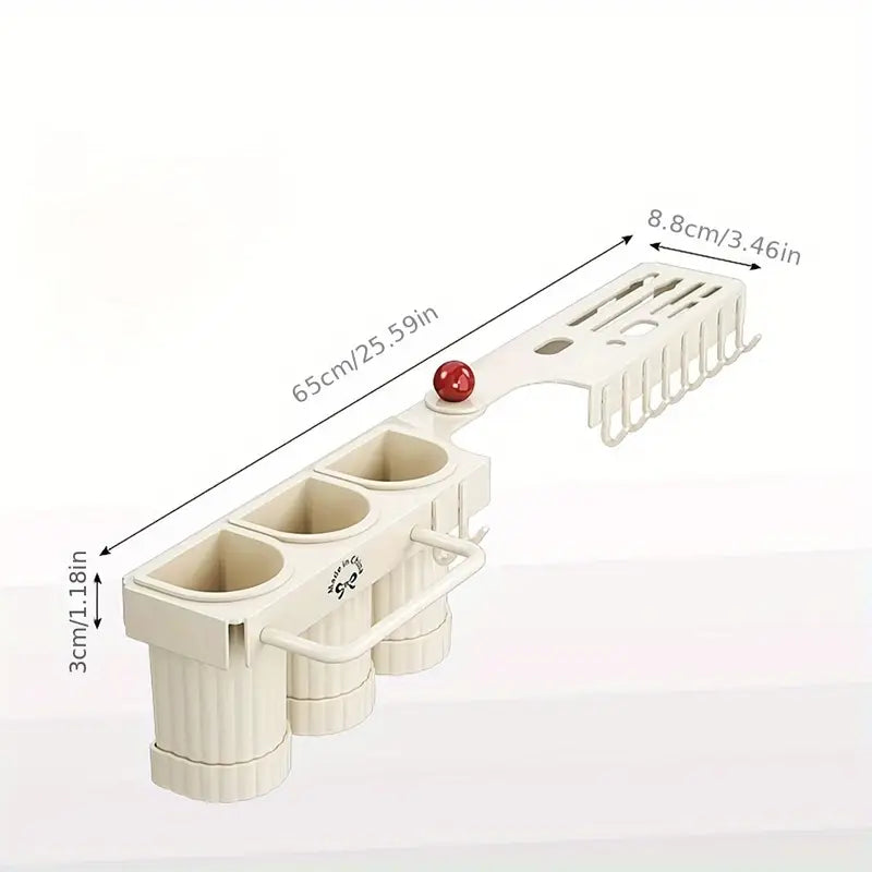 1pc Upgraded Foldable Corner Kitchen Utensil Holder, Carbon Steel Wall-Mounted No-Drill Cutlery and Spoon Organizer with Drain Storage Cups and Towel Bar, Space-Saving Design for Knives, Spoons, Forks, and Towels, Cooking Utensils