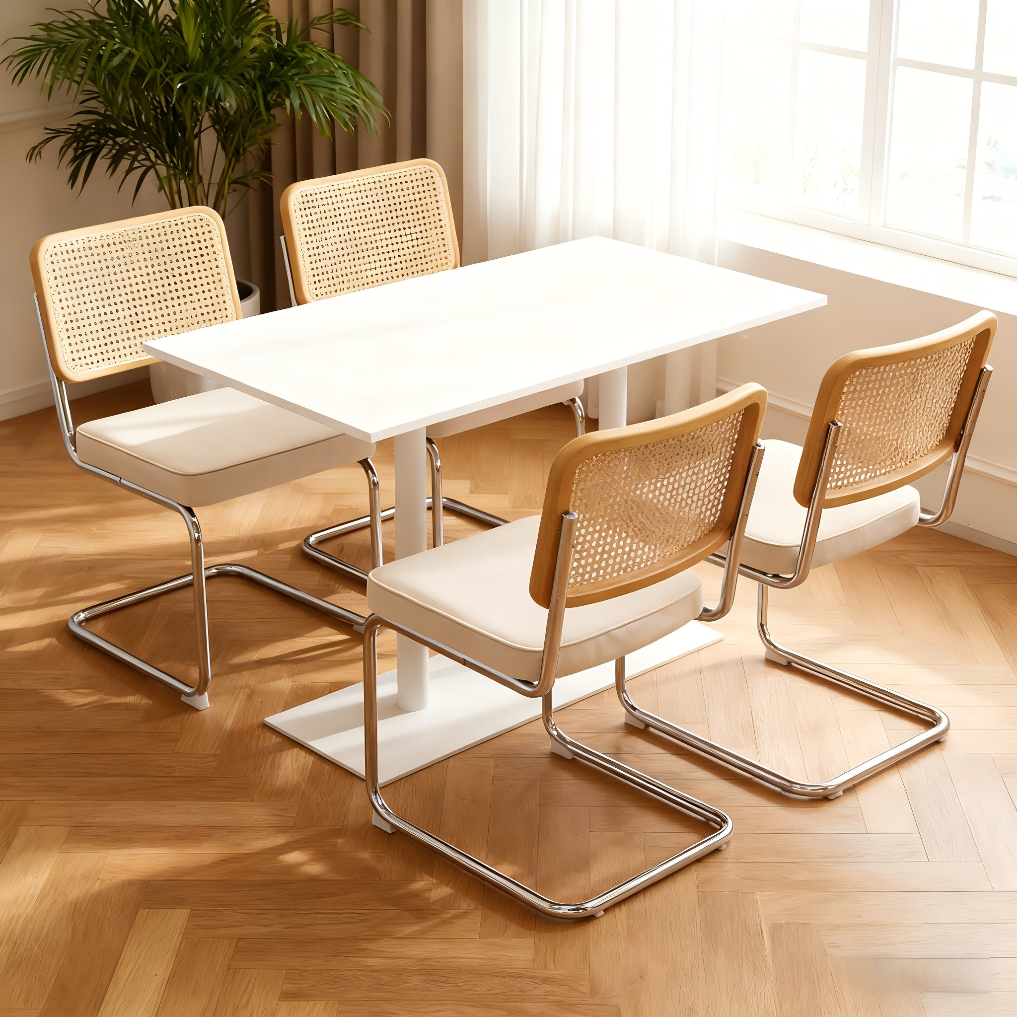 Dining Chairs Set Of 4, Faux Leather Rattan Side Accent Chairs with Chrome Legs, Modern Mid Century Breuer Designed Chairs, Upholstered Dining Living Room Kitchen Chairs